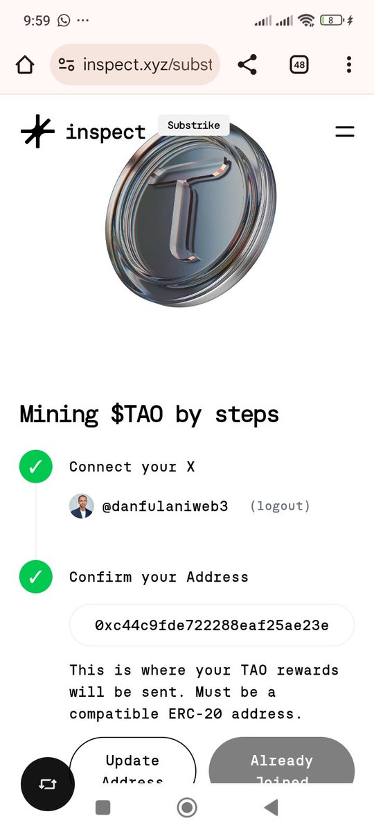 Introducing mining $TAO by <a href="/inspectxyz/">Inspect</a> just by creating a content and engaging on X to earn real rewards ,

1 $TAO price $374

 <a href="/inspectxyz/">Inspect</a> it turns your X activity into on-chain rewards, it works just like kaito

How to get started 👇

• Visit inspect.xyz/substrike
• Connect