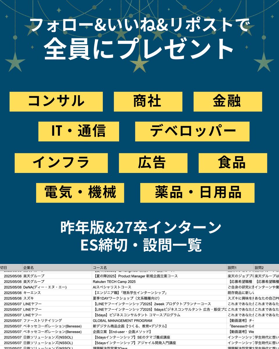 ukaru_es's tweet photo. 📣 27卒応援！秋冬インターン締切一覧プレゼントキャンペーン

夏インターンの戦況はいかがですか？

今回は、応募者全員に「秋冬インターン選考締切＆ES設問一覧シート」を 26卒版（昨年版）と27卒版をセットでプレゼントします！

27卒向け秋冬インターンの応募が少しずつ始まっていますが、それほど多くありません。26卒版（昨年版）とセットで送りますので、就活中盤戦の羅針盤として役立ててください！

📍 160社600コース 昨年版の秋冬IS情報を網羅
📍 50社100コース 今年版の秋冬IS情報を網羅
📍 「いつ頃締切か」がわかる
📍 「どんなES設問が出るか」がわかる

ES設問&締切情報をチェックして、計画的に志望企業対策をしましょう！

✅ 応募方法
1. @ukaru_esをフォロー
2. この投稿を「いいね」&「リポスト」
3. この投稿に「受かるES」とリプライ

✅ 送付
プレゼントは順次DMにて配布します
※ 【重要】鍵アカウントには配布ができません
※ 就活生のみが対象

✅ 締切
9/1(月) 23:59
※ 本企画は予告なく変更 / 終了となる可能性があります