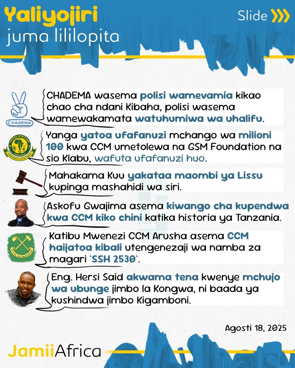 JamiiForums's tweet photo. Tembelea https://t.co/OgiXhqmXJu kusoma kwa undani habari hizi na mengine mengi yaliyojiri juma lililopita.
#JamiiAfrica #JamiiForums #YaliyojiriJumaLililopita #JFToons https://t.co/Jr5tRolAmA