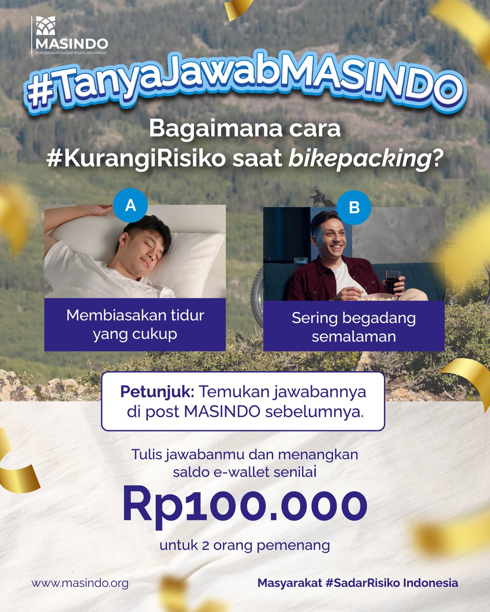 Sudah tahu cara #KurangiRisiko saat bikepacking?
Berarti kamu berkesempatan memenangkan saldo e-wallet total senilai Rp100.000 hanya dengan mengikuti #TanyaJawabMASINDO!

#Giveaway #Kuis #kuisberhadiah #giveawayindonesia #giveawayalert #GAsaldo #quiztime