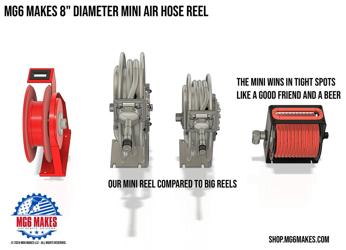 New Mini Air Hose Reel 🚀
Compact footprint, holds 52–75 ft of ¼” ID hybrid hose.
Custom ratchet &amp; spring system, ½” NPT swivel, DIY-friendly w/ MMC hardware.
Pro performance, small shop size.

#airtools #DIY #hosereel #makers