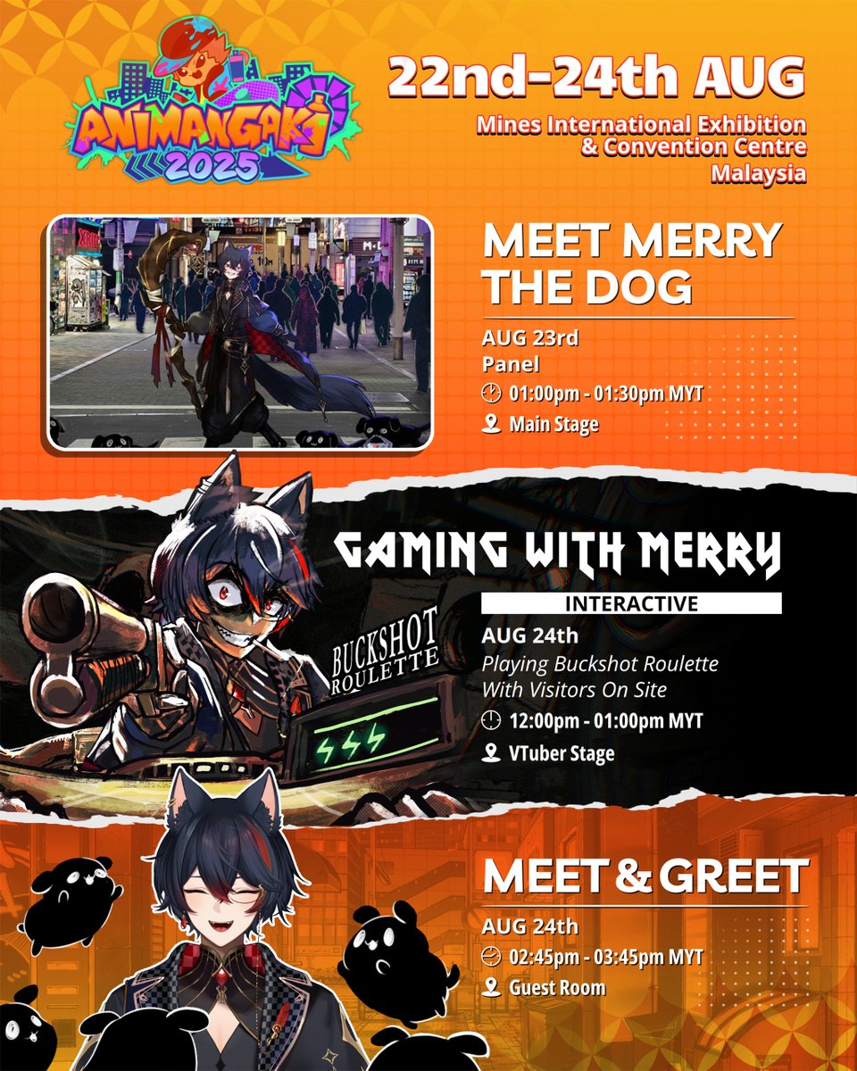 Merry will be heading to Malaysia as an official guest at AniManGaki 2025… in person! ✈️
 
Come meet and game with Merry all throughout the weekend from Aug 22-24 🗓️
 
While you're at it, pick up his merch including some Malaysia themed exclusive goodies as well as other items
