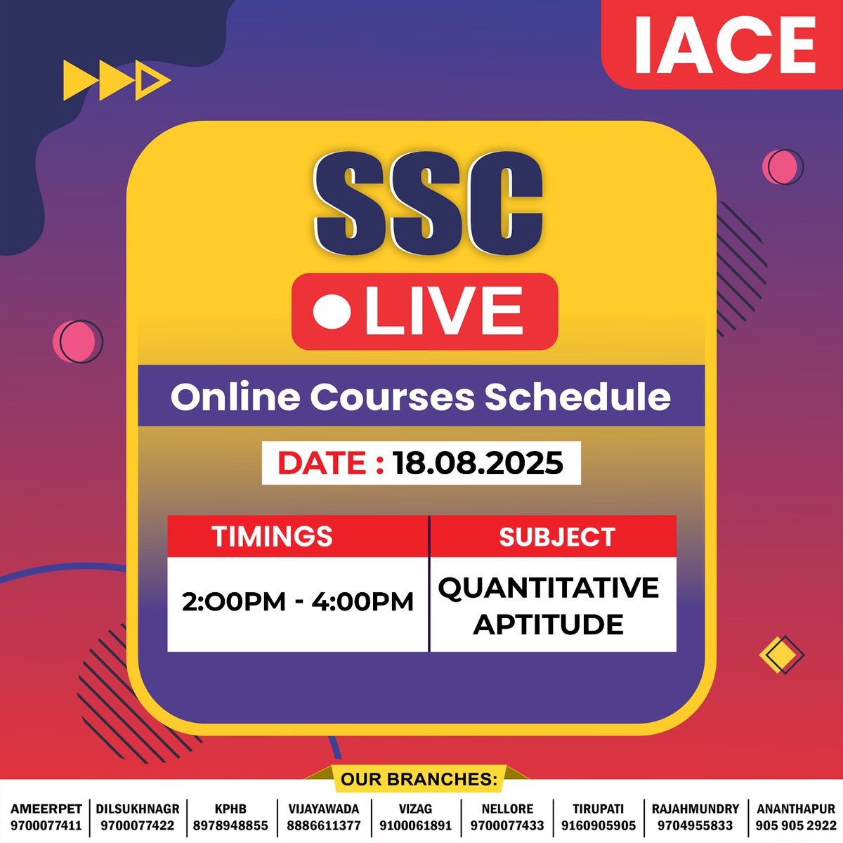 Hyd_IACE's tweet image. 🎯 SSC Online Live Course – 18.08.2025

🔥 Strengthen your preparation with today’s focused LIVE session!

📘 Schedule:
🕑 2:00PM – 4:00PM – QUANTITATIVE APTITUDE

💡 Learn directly from IACE experts and master concepts with exam-oriented strategies.

#IACE #SSC #SSCLiveClass