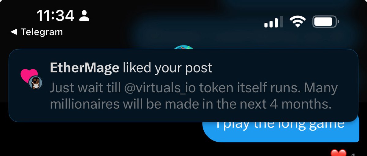 Screenshot of EtherMage's Telegram message predicting millionaire-making potential for Virtuals Protocol token
