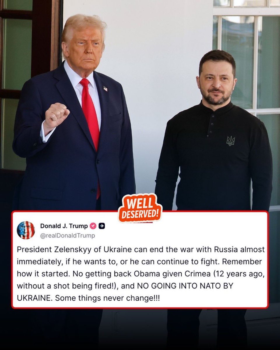 JUST IN:📮

President Trump said Sunday night that Ukraine can end the war "almost immediately" as he anticipates the arrival of President Zelenskyy and a delegation of powerful European presidents, prime ministers and leaders.!!
@bigwizexpress
#news #creatorsearchinsights