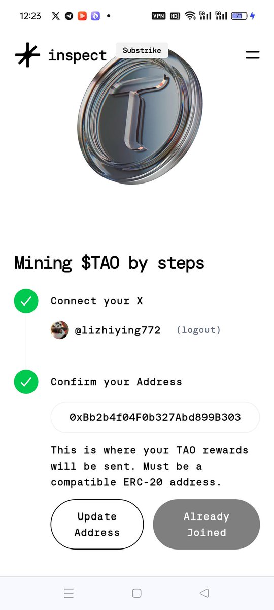 Mining $TAO just by tweeting and engaging on X to earn real rewards.

That’s exactly what <a href="/inspectxyz/">Inspect</a> built.
Your tweets = mining power.
Your engagement = rewards.

How to start:
◽inspect.xyz/substrike
◽Connect X + wallet
◽Post → Earn $TAO

just post and earn
