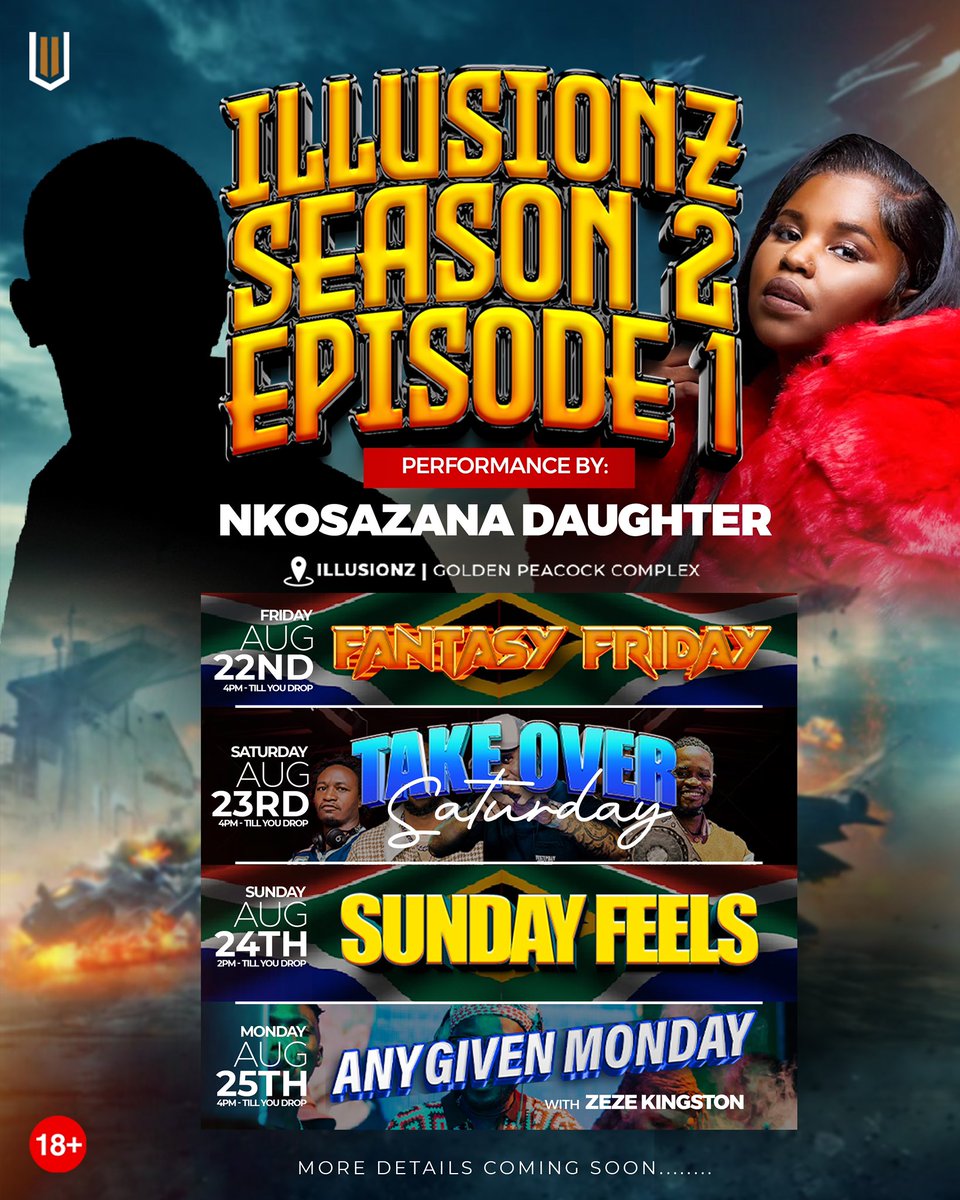 🚨 THE WAIT IS OVER 🚨
Illusionz is BACK bigger, bolder &amp; better! 🔥 This week we open our doors for the ultimate comeback…and we’re doing it in style with the QUEEN herself 👑 NKOSAZANA DAUGHTER live on stage! 

Get ready for an unforgettable night of pure vibes! 🍾💃🏾🔥