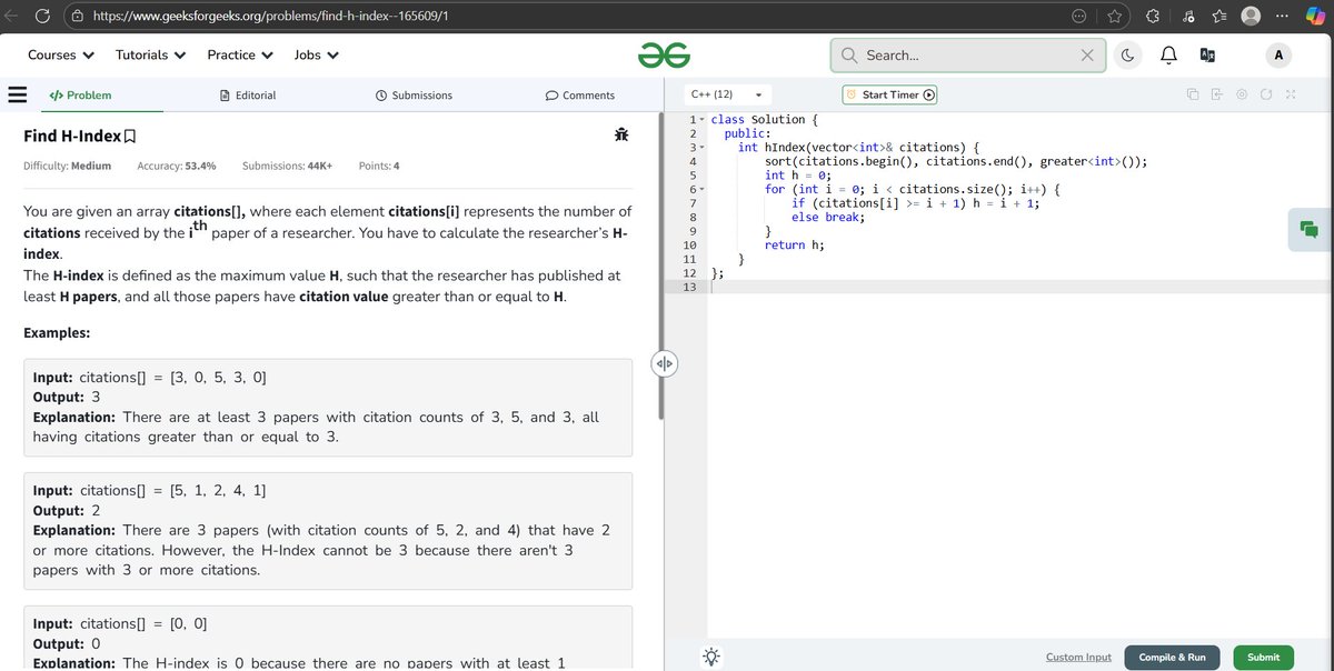 coding_yash's tweet image. Day 146              
Today’s Problem : Find H-Index
 #geeksforgeeks #DSA #CodeEveryday #KeepCoding #GFG2025 #geekstreak2025 #gfg160challenge #gfg160
@geeksforgeeks