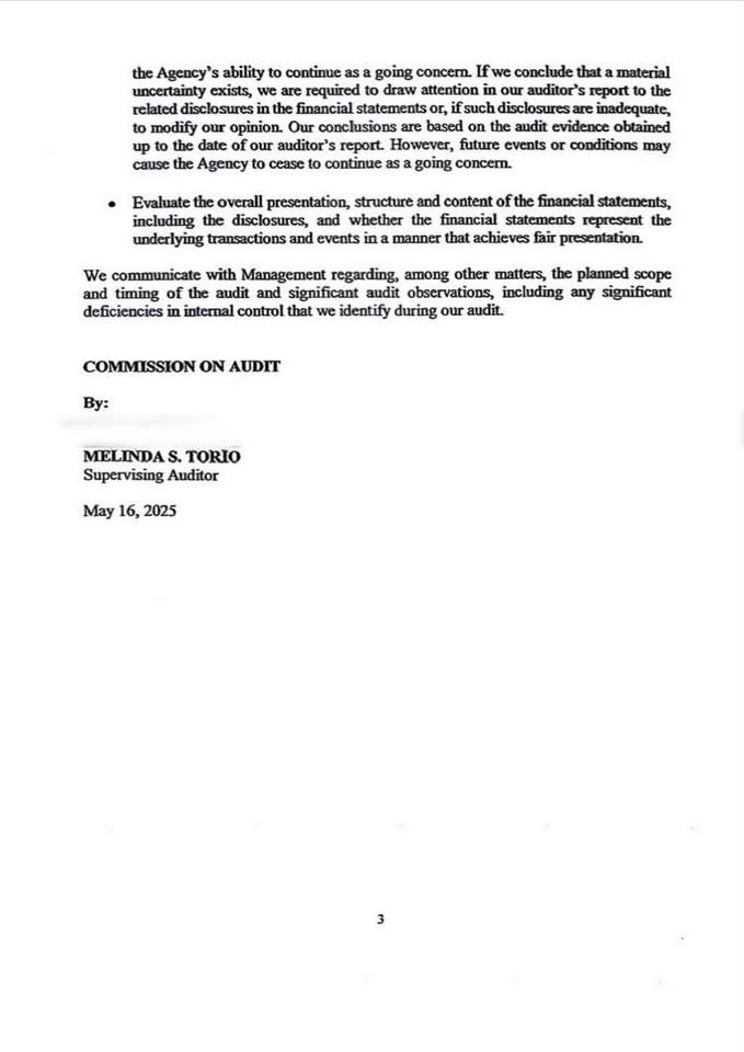 From Tio Moreno
———————-

This is the Annual Audit Report on the Office of the Vice President of the Philippines for Calendar Year 2024. This is after the CONFIDENTIAL FUND issue. 

COA: In our opinion, the accompanying financial statements present fairly, in all material