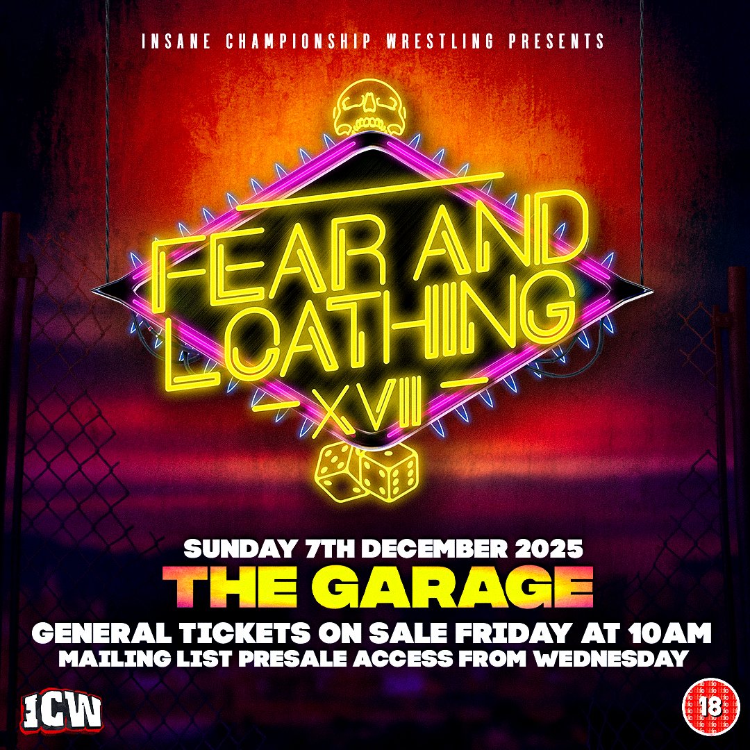 ANNOUNCEMENT: Fear &amp; Loathing XVII takes place at The Garage in Glasgow on Sunday 7 December! General tickets on sale this Friday.

Mailing list presale access from Wednesday at 10am. Sign up for free at bit.ly/ICWmail before 11.59pm on Tuesday for access.