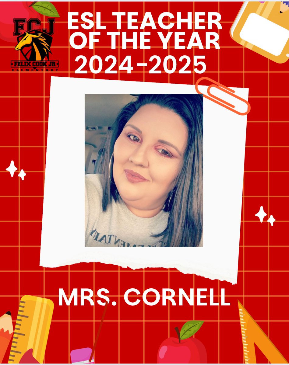 A huge shoutout to Mrs. Cornell, Cook Elementary’s ESL Teacher of the Year for 2024-2025! Her passion for supporting language learners and creating an inclusive, empowering classroom has earned her well-deserved district recognition. We’re so proud of you! #TeamHISD #CookProud
