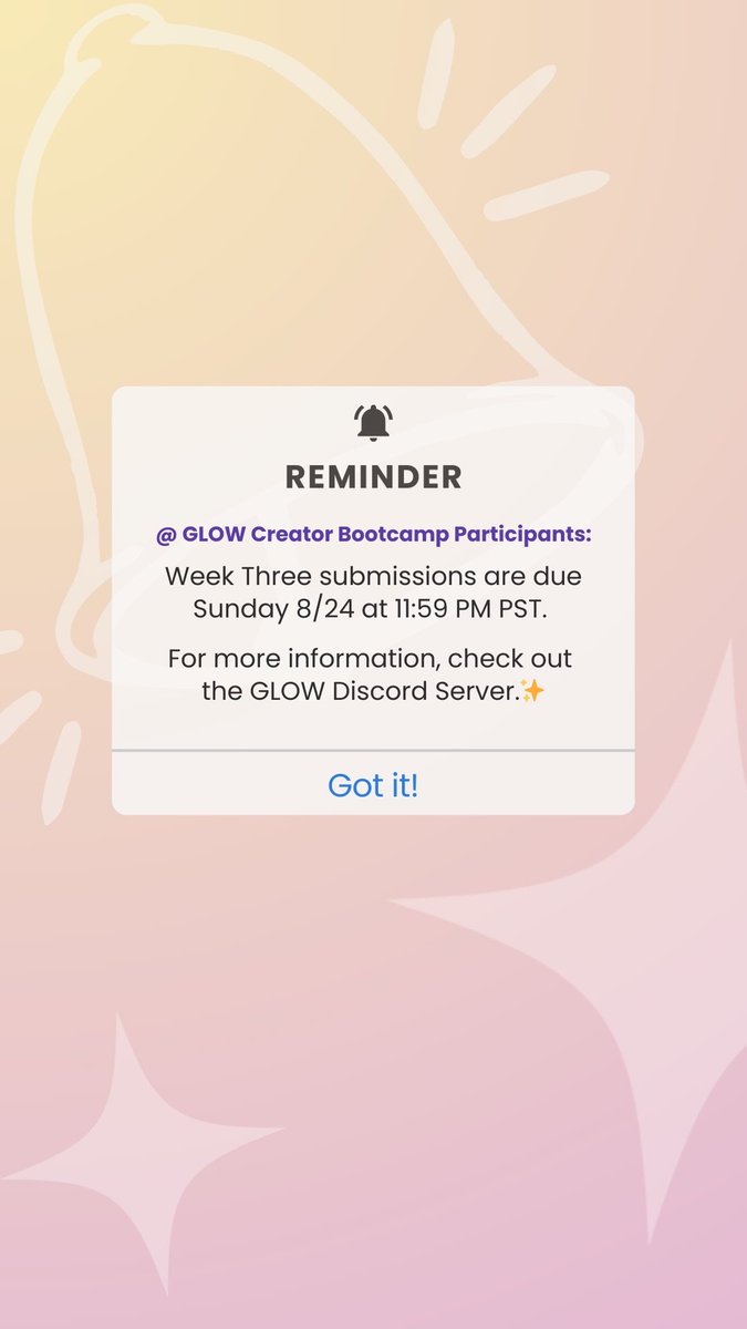 🔔 Friendly Reminder to #GLOWCreatorBootcamp Participants: Week 3 submissions are due
🗓️ Sunday 8/24 at ⏰ 11:59 PM PST. 
For more GLOW Creator Bootcamp information, check the GLOW Discord Server. ✨