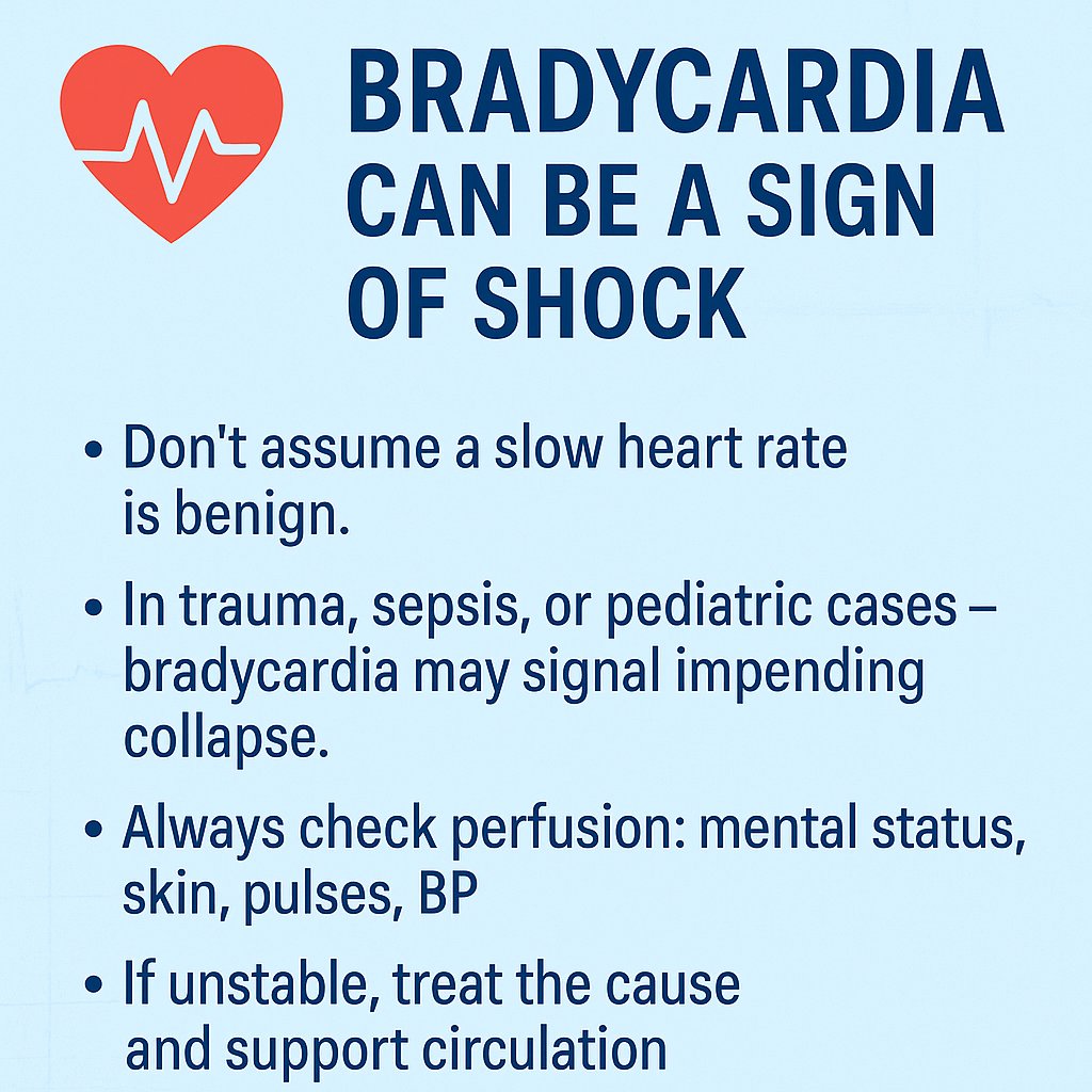 DiaryDoc's tweet image. #7 – [C] Bradycardia can be a sign of shock
In trauma, sepsis, or kids — a slow HR might mean collapse.
Check perfusion.
Support circulation.
Don’t ignore it.

#EmergencyMedicine #FOAMed #Shock