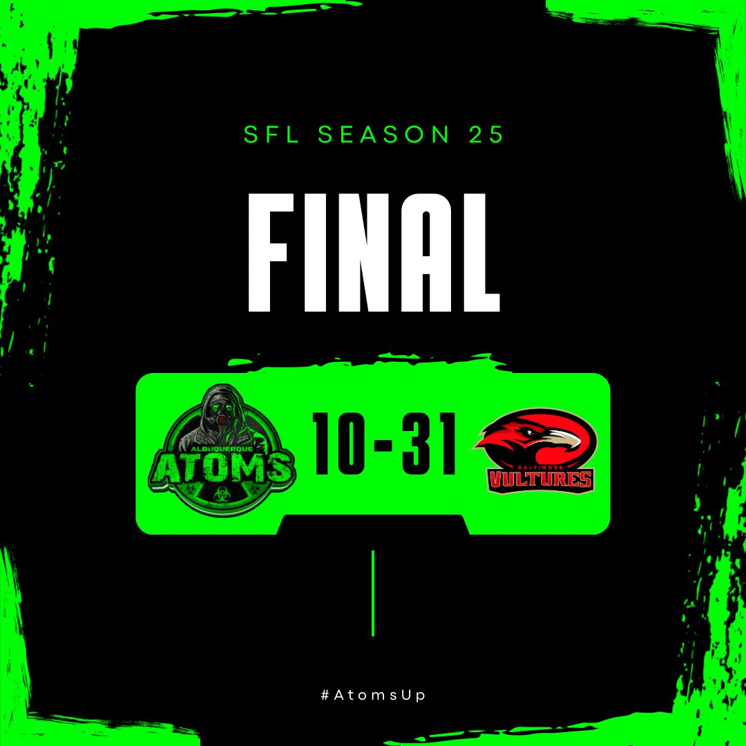 Albuquerque Atoms (@albuquerqueatom) on Twitter photo Too much adversity to overcome, but I’m proud of the way we kept fighting. Time to rest up and recover for our next game. GG to <a href="/SFL_Vultures/">baltimore vultures</a> good luck with the rest of your season. #AtomsUp⚛️ Too much adversity to overcome, but I’m proud of the way we kept fighting. Time to rest up and recover for our next game. GG to <a href="/SFL_Vultures/">baltimore vultures</a> good luck with the rest of your season. #AtomsUp⚛️