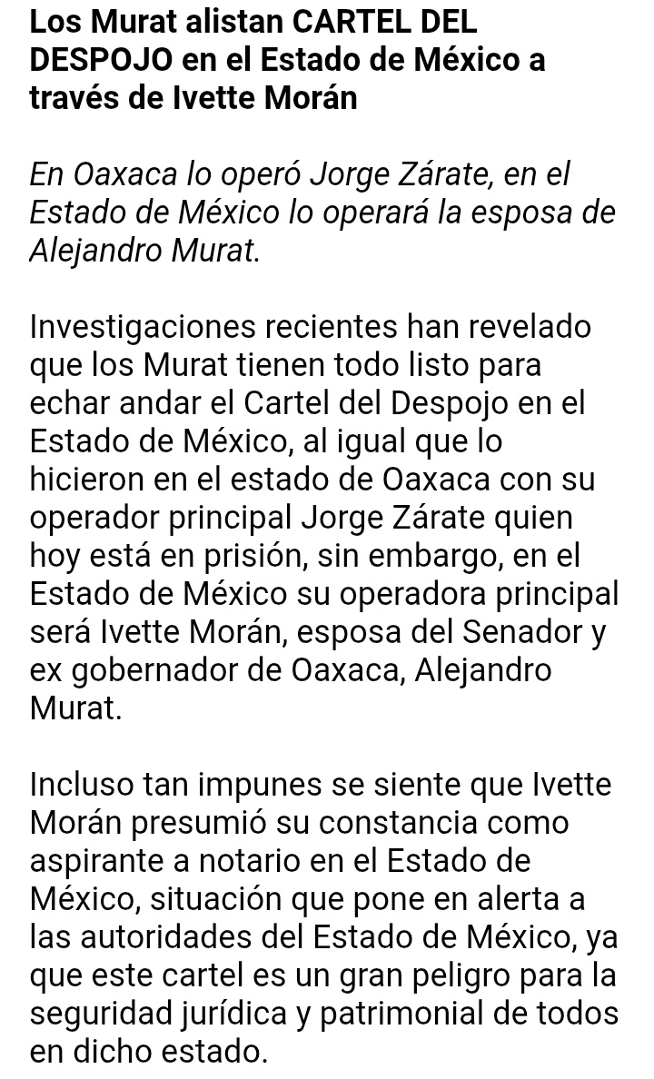 YolisTuitera's tweet photo. 📢 ¡Que todo México se entére! 📢

Los arribistas de los Murat preparan Cartel del Despojo en el Estado de México, buscan hacerse de propiedades de personas vulnerables al igual que lo hicieron en Oaxaca. ☹️
@elkikesan @Mar_Sandova @Sukkoi47 @MarxiJoshoiram @Shinobi7ninji @wmr43 https://t.co/F1UJ2uWPw0