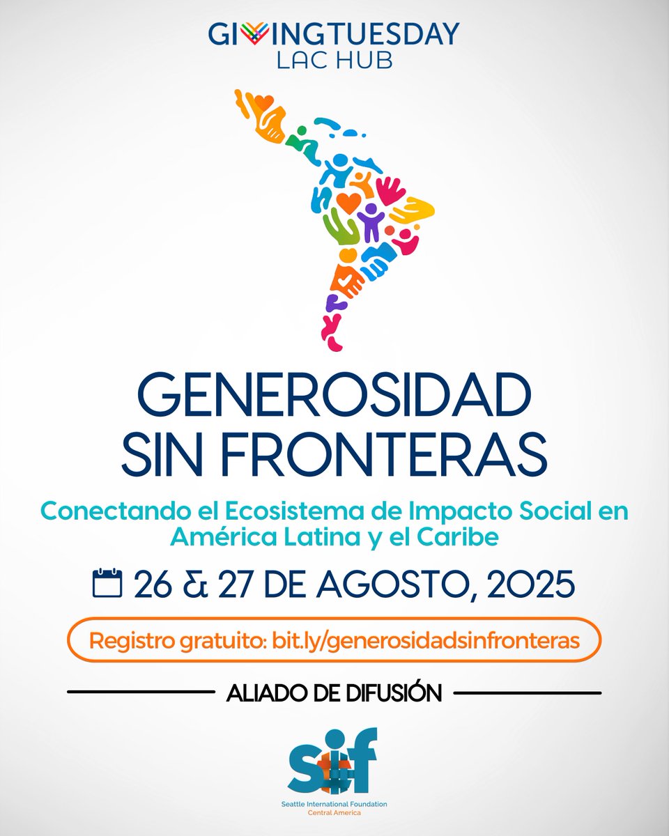 Seattle International Foundation (@seaif) on Twitter photo Nos complace anunciar que somos aliados de difusión de 'Generosidad sin fronteras' un foro virtual gratuito organizado por <a href="/GivingTuesday/">GivingTuesday</a> Latin America and the Caribbean Hub que se realizará el 26 y 27 de agosto de 2025.
Durante dos días, #GenerosidadSinFronteras llevará a cabo Nos complace anunciar que somos aliados de difusión de 'Generosidad sin fronteras' un foro virtual gratuito organizado por <a href="/GivingTuesday/">GivingTuesday</a> Latin America and the Caribbean Hub que se realizará el 26 y 27 de agosto de 2025.
Durante dos días, #GenerosidadSinFronteras llevará a cabo
