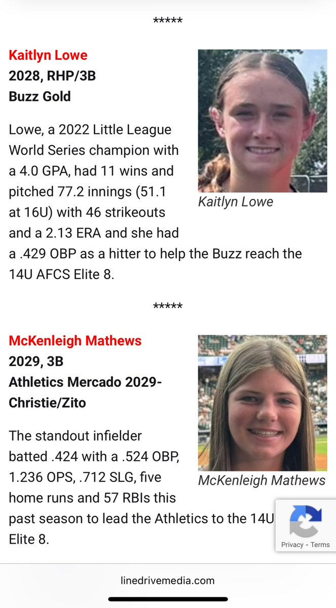 McKenleigh Mathews 2029 (@mmathews2029) on Twitter photo Honored to be selected by Line Drive Media to the 14U All-Summer Team! So many talented players on this list. 🥎 #14UAllSummerTeam <a href="/LineDsoftball/">Line Drive Media</a> <a href="/AMAHouTX2029/">Athletics Mercado Academy 2029 Christie</a> <a href="/AcademyZito/">Athletics Mercado Academy 09 Zito</a> <a href="/CoachCCR/">Christie</a> <a href="/MHSBearSB/">Montgomery Lady Bears Softball</a> Honored to be selected by Line Drive Media to the 14U All-Summer Team! So many talented players on this list. 🥎 #14UAllSummerTeam <a href="/LineDsoftball/">Line Drive Media</a> <a href="/AMAHouTX2029/">Athletics Mercado Academy 2029 Christie</a> <a href="/AcademyZito/">Athletics Mercado Academy 09 Zito</a> <a href="/CoachCCR/">Christie</a> <a href="/MHSBearSB/">Montgomery Lady Bears Softball</a>