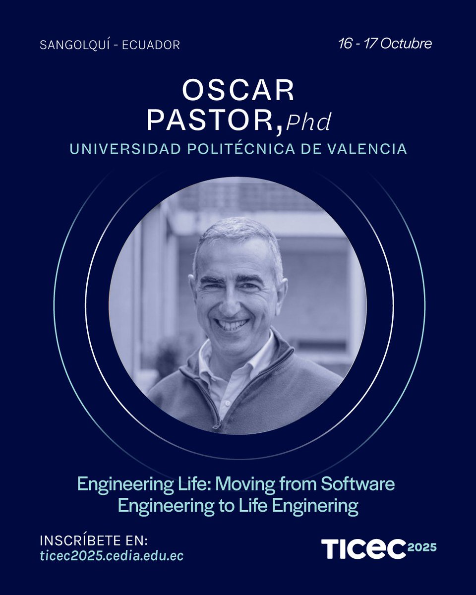 👨‍🏫 Óscar Pástor en el #TICEC2025
 Catedrático y Director de Internacionalización en el Instituto VRAIN de la UPV. Recibió el Peter Chen Award en 2016 y lidera proyectos sobre el modelado del genoma humano.
🔗ticec2025.cedia.edu.ec/es/keynote/

#Tecnología #Innovación #Ciencia #Congreso