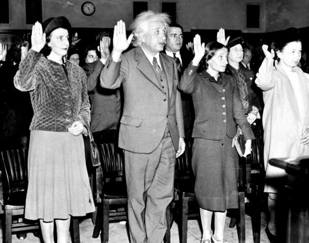 Albert Einstein, his step-daughter Margot (right), and his secretary Helen (left), being sworn in as U.S. citizens to avoid returning to Nazi Germany, 1940.