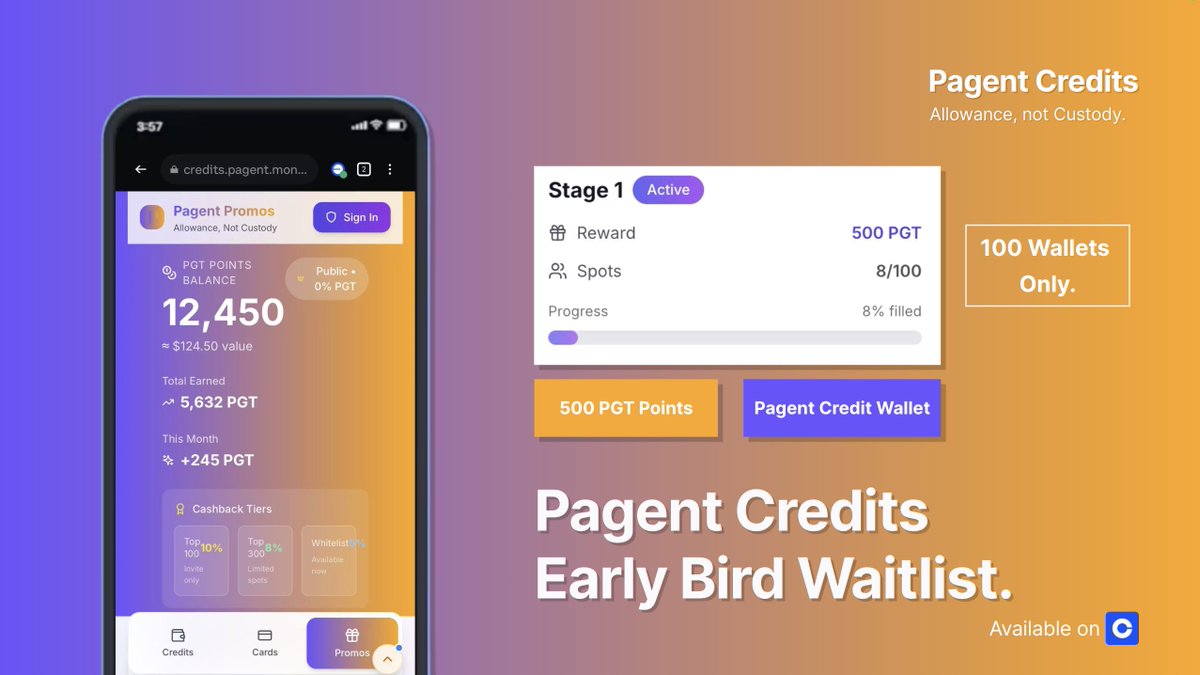 PagentMoney (@pagentmoney) on Twitter photo Join the EARLY BIRD waitlist to claim
- 💳 Early access for 1st 100 #PagentCredits smart wallet
- 💰 500 $PGT (1st batch only)
Join at 👉 credits.pagent.money/?utm_source=x&… with <a href="/baseapp/">Base app</a> (both mobile app / chrome extension on web)
🎯 Pay with allowance, not the custody
<a href="/CoinbaseDev/">Coinbase Developer Platform🛡️</a> <a href="/USDC/">USDC</a> Join the EARLY BIRD waitlist to claim
- 💳 Early access for 1st 100 #PagentCredits smart wallet
- 💰 500 $PGT (1st batch only)
Join at 👉 credits.pagent.money/?utm_source=x&… with <a href="/baseapp/">Base app</a> (both mobile app / chrome extension on web)
🎯 Pay with allowance, not the custody
<a href="/CoinbaseDev/">Coinbase Developer Platform🛡️</a> <a href="/USDC/">USDC</a>