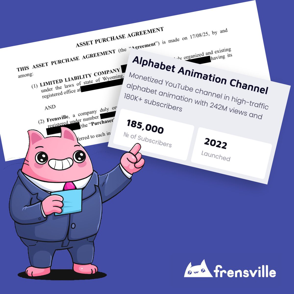 impressions are a billboard.
signal lost in noise.

Frensville does it differently.

🎉 - one of many acquired 
🤯 - 185,000 subscribers.
📈 - 80M views a year.

now imagine 1M subs and 1B views/yr
fueling our platform launch and $FRENS.

The future isn’t impressions.
It’s
