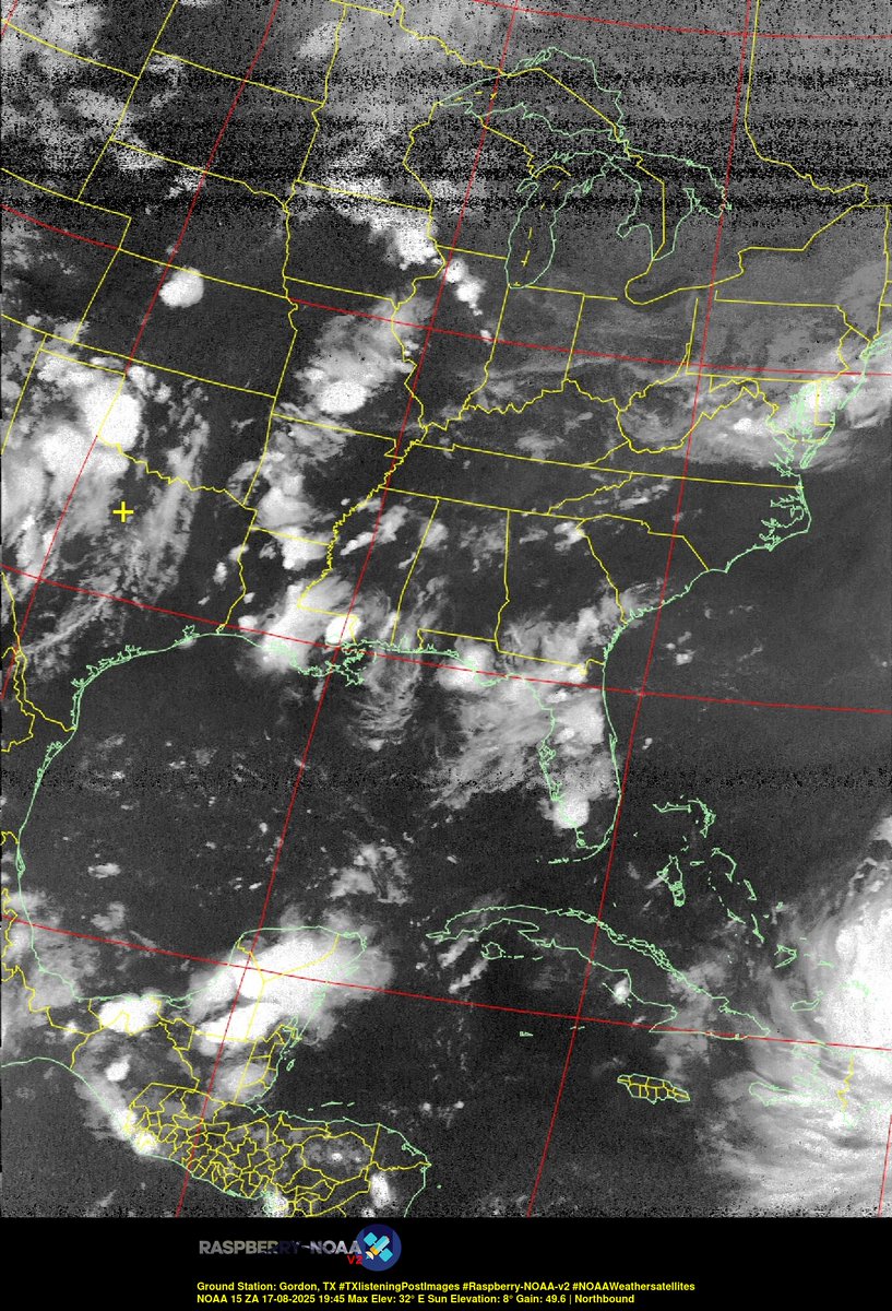KB5ZUR's tweet image. Ground Station: Gordon, TX #TXlisteningPostImages #Raspberry-NOAA-v2 #NOAAWeathersatellites NOAA 15 17-08-2025 19:27 Max Elev: 32° E Sun Elevation: 8° Gain: 49.6 | Northbound
