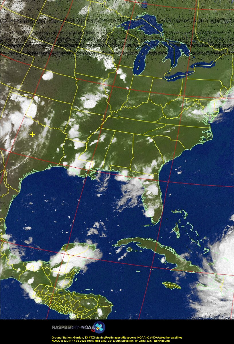 KB5ZUR's tweet image. Ground Station: Gordon, TX #TXlisteningPostImages #Raspberry-NOAA-v2 #NOAAWeathersatellites NOAA 15 17-08-2025 19:27 Max Elev: 32° E Sun Elevation: 8° Gain: 49.6 | Northbound