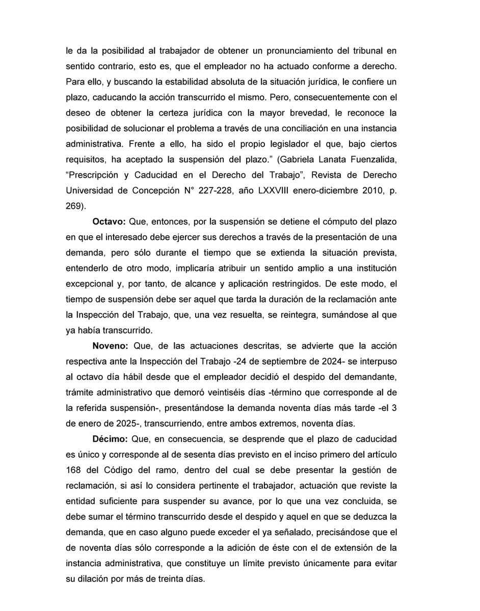 alvardominguez's tweet photo. CS 21697-2025 El plazo de caducidad del 168 del CT es único, correspondiendo a 60 días hábiles contados desde la separación. El reclamo dentro de este plazo no lo transforma o aumenta en 90 días. Lo notable es el voto en contra de la abogada integrante la Dra. Irene Rojas Miño https://t.co/pmHxmcZs5o