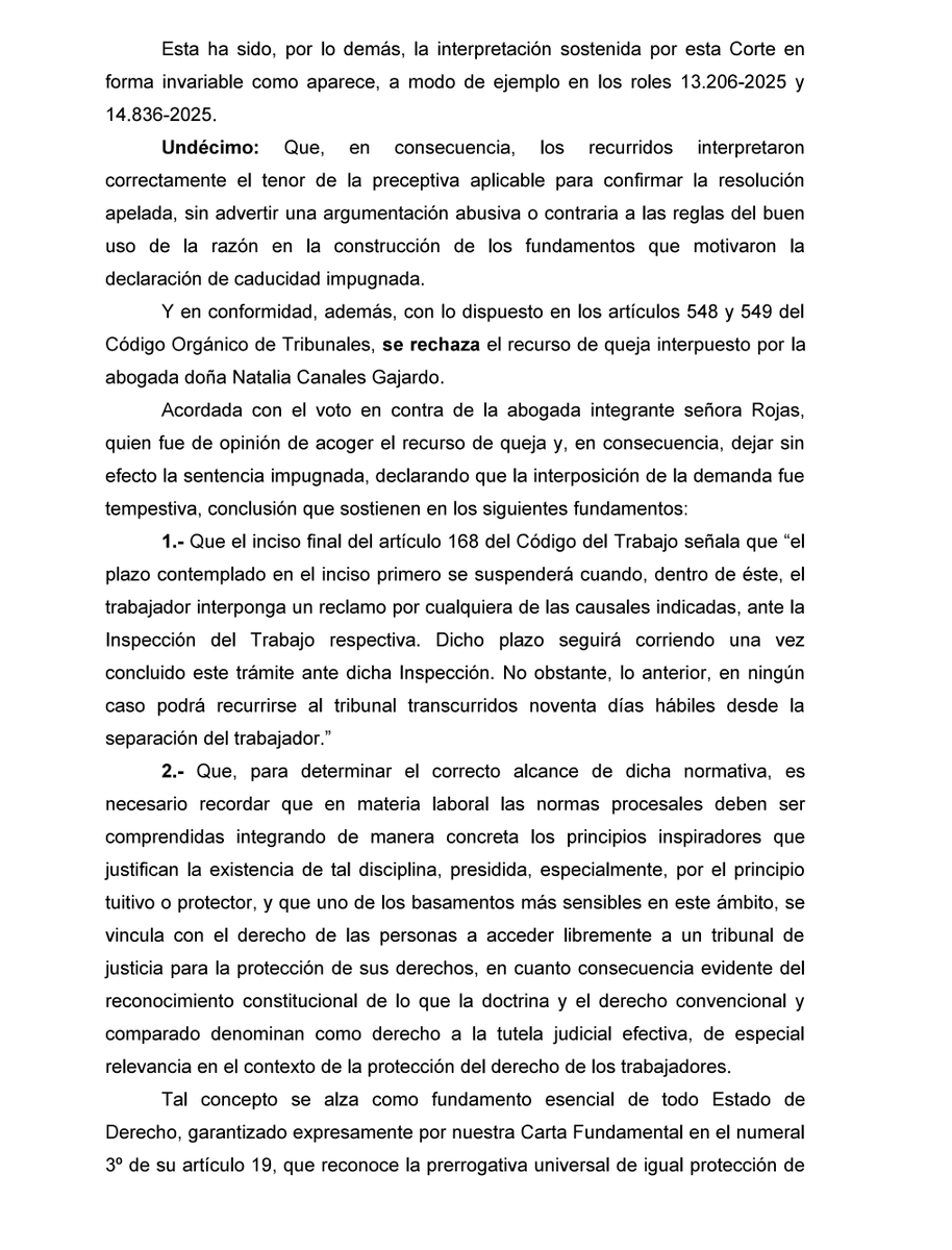 alvardominguez's tweet photo. CS 21697-2025 El plazo de caducidad del 168 del CT es único, correspondiendo a 60 días hábiles contados desde la separación. El reclamo dentro de este plazo no lo transforma o aumenta en 90 días. Lo notable es el voto en contra de la abogada integrante la Dra. Irene Rojas Miño https://t.co/pmHxmcZs5o