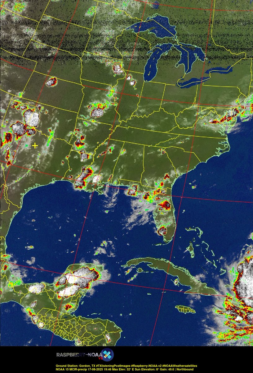 KB5ZUR's tweet image. Ground Station: Gordon, TX #TXlisteningPostImages #Raspberry-NOAA-v2 #NOAAWeathersatellites NOAA 15 17-08-2025 19:27 Max Elev: 32° E Sun Elevation: 8° Gain: 49.6 | Northbound