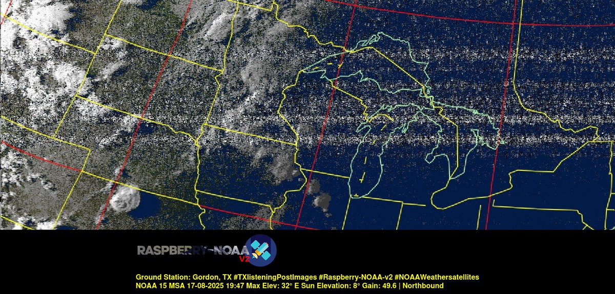 KB5ZUR's tweet image. Ground Station: Gordon, TX #TXlisteningPostImages #Raspberry-NOAA-v2 #NOAAWeathersatellites NOAA 15 17-08-2025 19:27 Max Elev: 32° E Sun Elevation: 8° Gain: 49.6 | Northbound