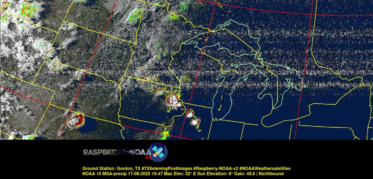 KB5ZUR's tweet image. Ground Station: Gordon, TX #TXlisteningPostImages #Raspberry-NOAA-v2 #NOAAWeathersatellites NOAA 15 17-08-2025 19:27 Max Elev: 32° E Sun Elevation: 8° Gain: 49.6 | Northbound