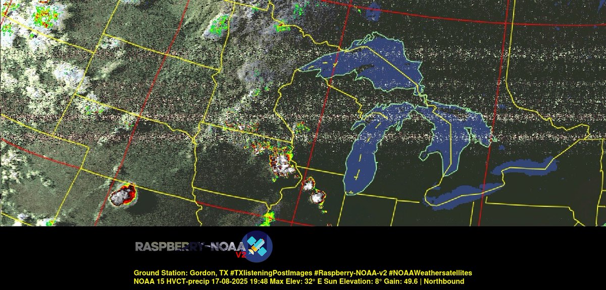 KB5ZUR's tweet image. Ground Station: Gordon, TX #TXlisteningPostImages #Raspberry-NOAA-v2 #NOAAWeathersatellites NOAA 15 17-08-2025 19:27 Max Elev: 32° E Sun Elevation: 8° Gain: 49.6 | Northbound