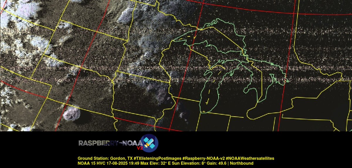 KB5ZUR's tweet image. Ground Station: Gordon, TX #TXlisteningPostImages #Raspberry-NOAA-v2 #NOAAWeathersatellites NOAA 15 17-08-2025 19:27 Max Elev: 32° E Sun Elevation: 8° Gain: 49.6 | Northbound