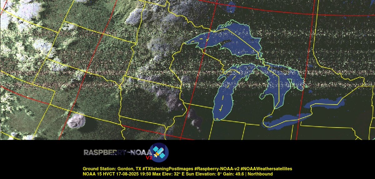 KB5ZUR's tweet image. Ground Station: Gordon, TX #TXlisteningPostImages #Raspberry-NOAA-v2 #NOAAWeathersatellites NOAA 15 17-08-2025 19:27 Max Elev: 32° E Sun Elevation: 8° Gain: 49.6 | Northbound