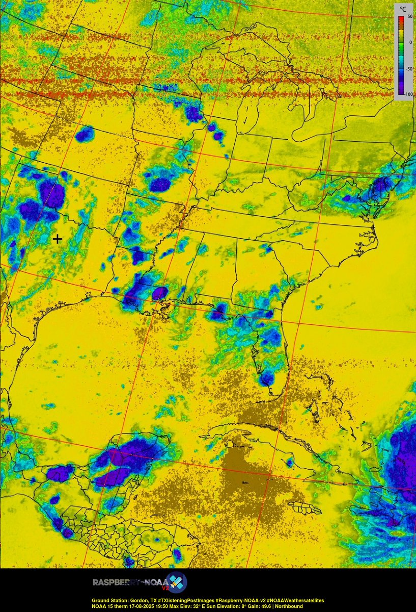 KB5ZUR's tweet image. Ground Station: Gordon, TX #TXlisteningPostImages #Raspberry-NOAA-v2 #NOAAWeathersatellites NOAA 15 17-08-2025 19:27 Max Elev: 32° E Sun Elevation: 8° Gain: 49.6 | Northbound