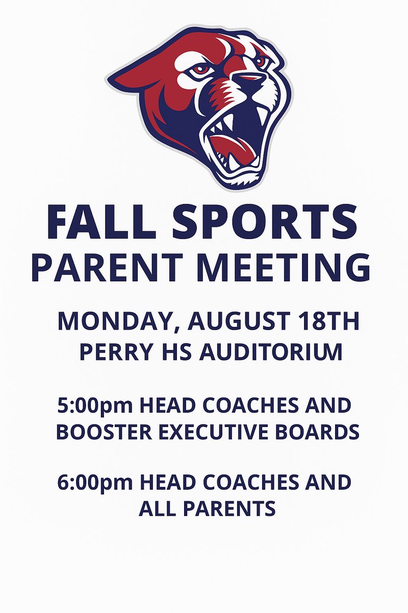 Perry High Athletics (@perry_pumas) on Twitter photo Fall Sports Parent Meeting on Monday!!!
<a href="/PerryPumas07/">PERRY HIGH SCHOOL</a>
<a href="/PerryBadminton/">Perry Badminton</a> <a href="/PerryPumaFlag/">Perry Girls Flag Football</a> <a href="/perrypumas/">Perry High Football</a> <a href="/PerryBoys_Golf/">Perry Boys Golf</a> <a href="/PerryBoys_Golf/">Perry Boys Golf</a> <a href="/PerryswimNdive/">Perry Swim and Dive</a> <a href="/pumagirlsvball/">Perry HS Girls VB</a> Cross Country, Boys Beach, Freshman Tennis
⬇️⬇️⬇️ Fall Sports Parent Meeting on Monday!!!
<a href="/PerryPumas07/">PERRY HIGH SCHOOL</a>
<a href="/PerryBadminton/">Perry Badminton</a> <a href="/PerryPumaFlag/">Perry Girls Flag Football</a> <a href="/perrypumas/">Perry High Football</a> <a href="/PerryBoys_Golf/">Perry Boys Golf</a> <a href="/PerryBoys_Golf/">Perry Boys Golf</a> <a href="/PerryswimNdive/">Perry Swim and Dive</a> <a href="/pumagirlsvball/">Perry HS Girls VB</a> Cross Country, Boys Beach, Freshman Tennis
⬇️⬇️⬇️