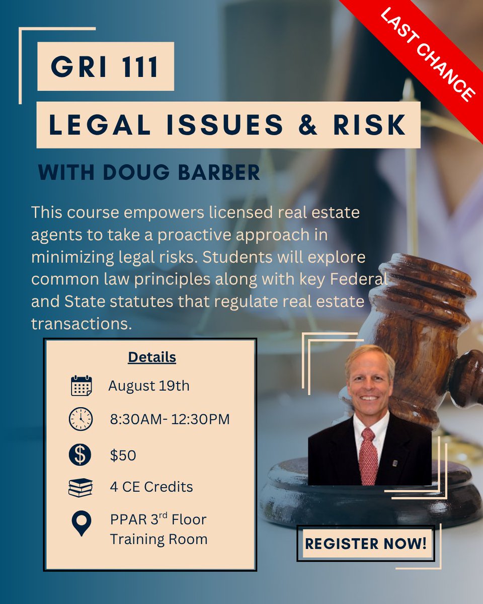Last chance to register for GRI 111: Legal Issues &amp; Risk! Learn how to reduce legal exposure, understand common law, and stay compliant with key real estate laws. Don’t miss this essential class!

Register here: loom.ly/8xLIgQQ