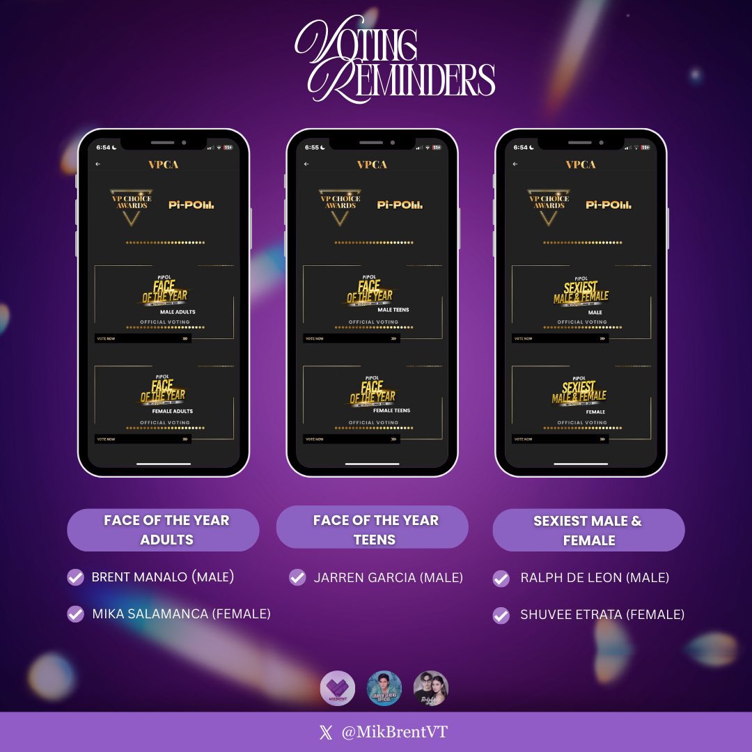 Good morning, Menties! 💜

Let’s go all out and show our full support through this special collab voting! Together, we can lift our idols to the top:

Mika and Brent – Face of the Year (Adults)
Ralph and Shuvee – Sexiest Male and  Female 
Jarren – Face of the Year (Teens Male)