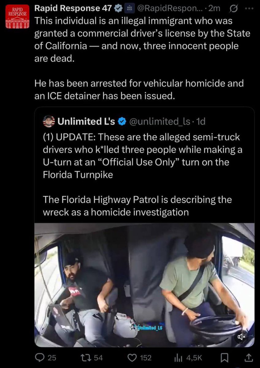 Illegal immigrant kills 3 in fatal U-turn crash, now charged with vehicular homicide.

He had a California driver’s license issued under Gov. Newsom’s policy for undocumented migrants.

So do you think the real murderer is Gavin NewsoM?

YES or NO?