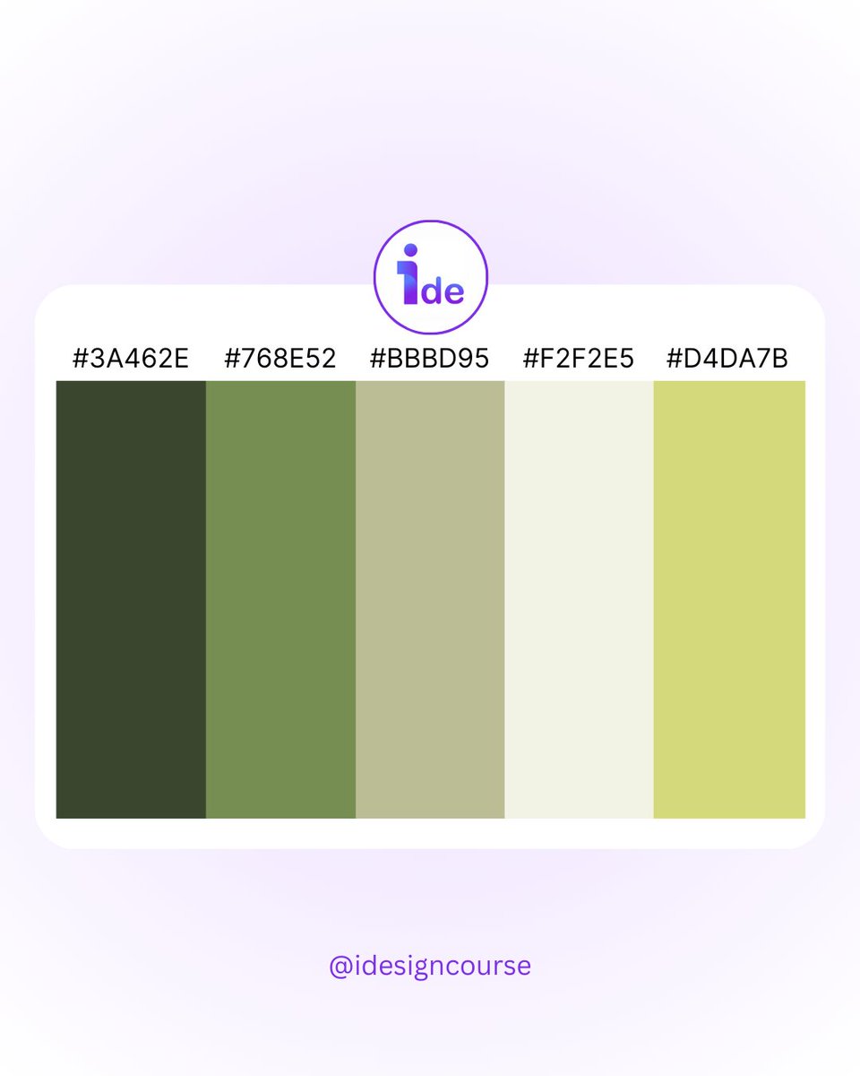 CourseIdesign's tweet image. ✨ What would you name this palette? 🌿
3A462E • 768E52 • BBBD95 • F2F2E5 • D4DA7B
Nature’s calm meets timeless design — soft greens, earthy tones &amp;amp; golden warmth. 🎨💫

#ColorPalette #DesignInspiration #NatureVibes #idesigncourse