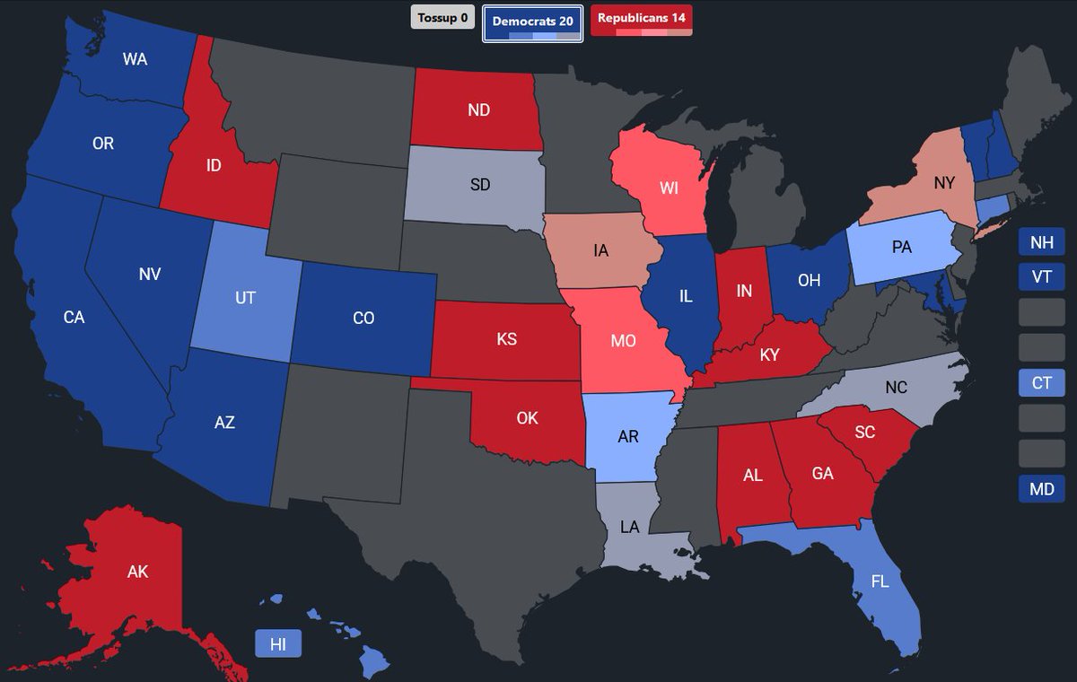 USGS NFL (@usgsnfl) on Twitter photo (<a href="/USGSGovSim/">USGS Gov Sim</a>)
| A SHIFT IN DIRECTION |
A recent shift in the political polarization of certain states has resulted in a new landscape; many seats once winnable with a good nominee are now lost causes. Below are expected 2056 and 2058 results, weighted with incumbent strength. (<a href="/USGSGovSim/">USGS Gov Sim</a>)
| A SHIFT IN DIRECTION |
A recent shift in the political polarization of certain states has resulted in a new landscape; many seats once winnable with a good nominee are now lost causes. Below are expected 2056 and 2058 results, weighted with incumbent strength.