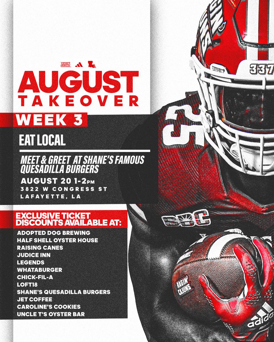 RaginCajunsFB's tweet photo. Week 3 of the August Takeover is on deck and it's time to Eat Local! 🍽

Come meet the team for lunch on Wednesday 8/20 at Shane's Famous Quesadilla Burgers and check out all of the participating businesses for exclusive ticket deals all week long!

#cULture | #GeauxCajuns https://t.co/X0etldxkMR