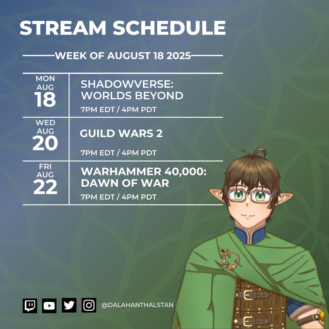 Here is the stream schedule for the Week of August 18th 2025! 
I hope to see you there as we continue our adventures.

YouTube: youtube.com/@DalahanThalst…
Twitch: twitch.tv/dalahanthalstan