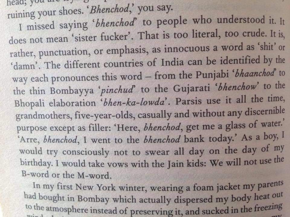 Suketu Mehta's PhD-level research on India's favorite profanity. For those who want to read the book just for this, it's on page 10.
(Maximum City)