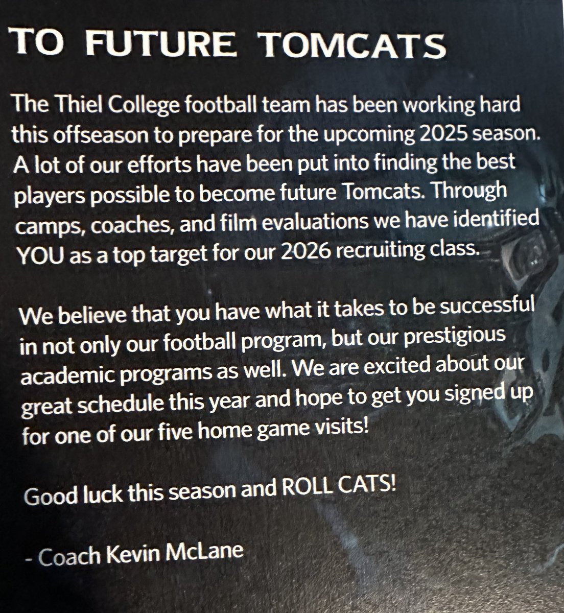 Thanks for the letter <a href="/KevMcLane21/">Coach Kevin McLane</a> <a href="/Thiel_FB/">Thiel Football</a>.