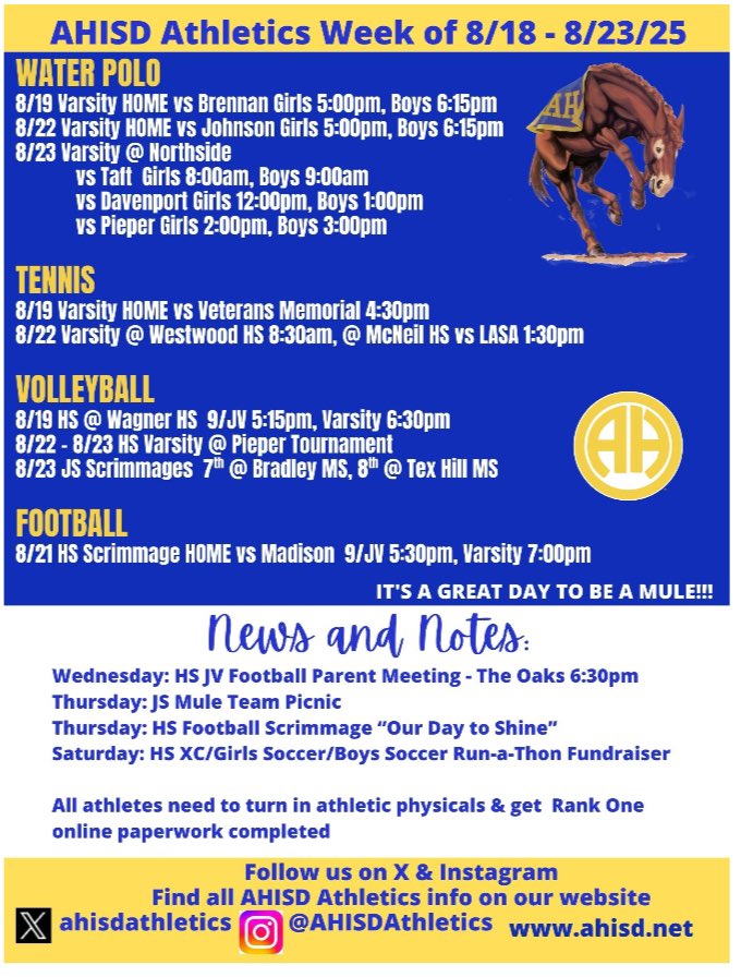 Scores from the week of 8.11 and this week’s schedule. MULES UP!