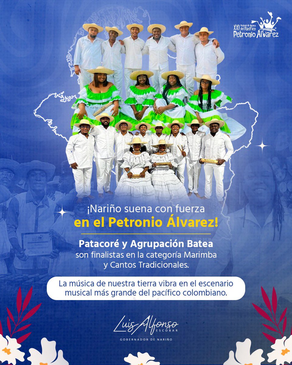 Luis Alfonso Escobar (@luisalfonsoesc) on Twitter photo ¡Patacoré y la Agrupación Batea llevan a #Nariño a la final del <a href="/PetronioCO/">Petronio Álvarez</a>! 🎶
Estas agrupaciones participan en la categoría Marimba y Cantos Tradicionales, Patrimonio Cultural Inmaterial de la Humanidad que guarda el alma y la herencia ancestral del pacífico nariñense. ¡Patacoré y la Agrupación Batea llevan a #Nariño a la final del <a href="/PetronioCO/">Petronio Álvarez</a>! 🎶
Estas agrupaciones participan en la categoría Marimba y Cantos Tradicionales, Patrimonio Cultural Inmaterial de la Humanidad que guarda el alma y la herencia ancestral del pacífico nariñense.