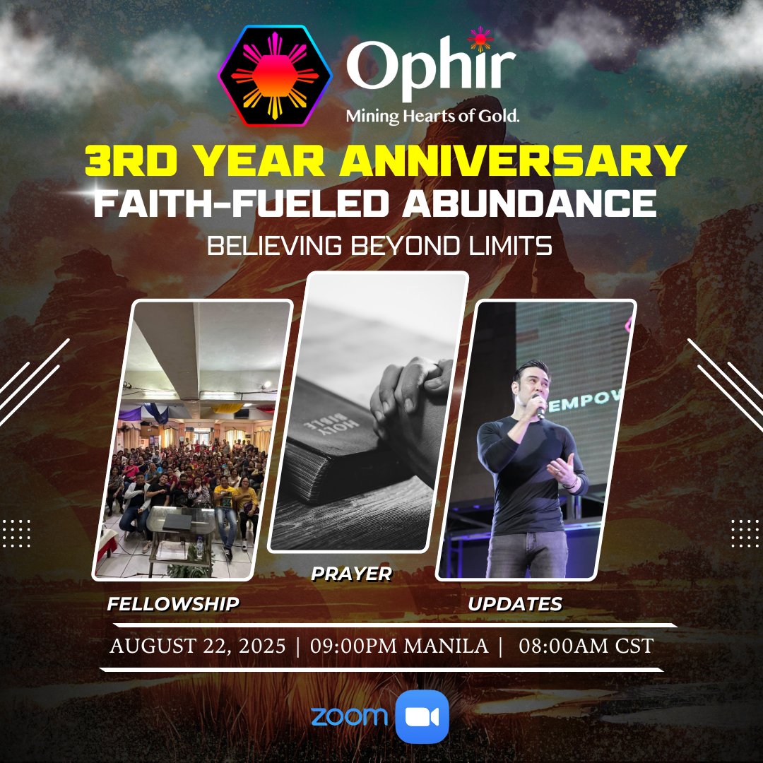 🌍 Celebrate With Us! 🎉
Join us for Ophir Crypto’s 3rd Anniversary – Ophir International Community Fellowship happening on August 22, 2025, at 9:00 PM PH Time | 8:00 AM CST, live via Zoom.
This is more than just a celebration — it’s a time to connect, be inspired, and witness