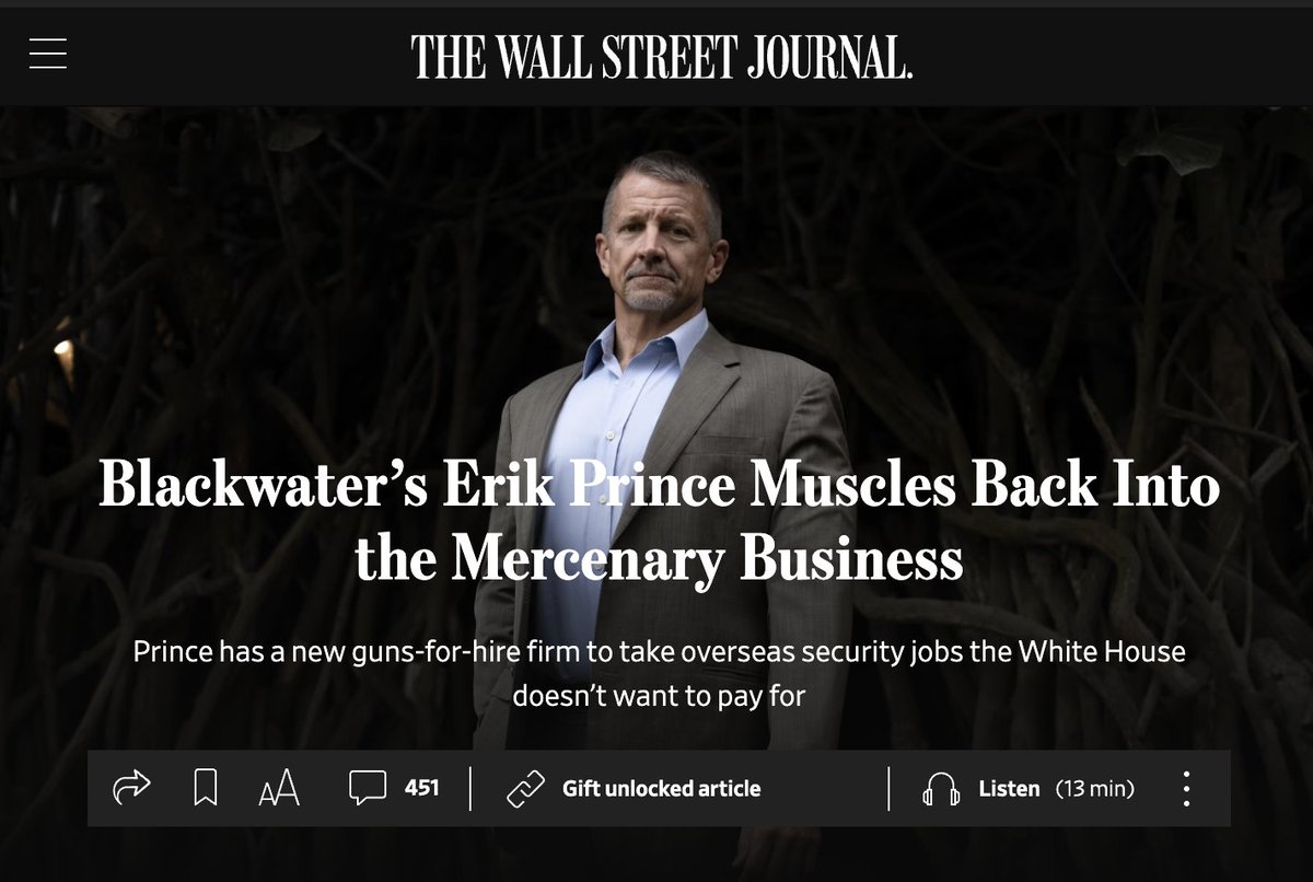 Vera Bergengruen (@verambergen) on Twitter photo Erik Prince is back.
The Blackwater founder's new firm is pitching foreign leaders from Peru to Ecuador, Haiti, and Congo, seeking to capitalize on the vacuum left abroad by Trump's America First policies (and touting his ties to Trumpworld)
W/ <a href="/benoitfaucon/">benoit faucon</a> Erik Prince is back.
The Blackwater founder's new firm is pitching foreign leaders from Peru to Ecuador, Haiti, and Congo, seeking to capitalize on the vacuum left abroad by Trump's America First policies (and touting his ties to Trumpworld)
W/ <a href="/benoitfaucon/">benoit faucon</a>